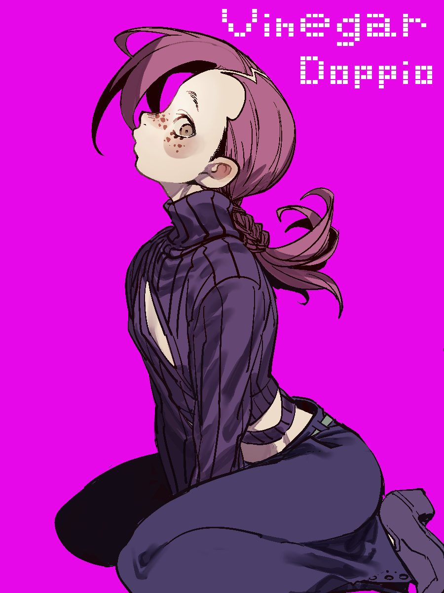 1boy between_legs blush braid brown_eyes character_name cleavage_cutout clothing_cutout eyelashes freckles from_side hand_between_legs high_contrast highres jojo_no_kimyou_na_bouken kneeling long_bangs long_hair looking_at_viewer male_focus pants parted_lips pink_background purple_pants purple_shoes purple_sweater raised_eyebrows sen_(aypj8447) shoes solo sweater trap vento_aureo vinegar_doppio