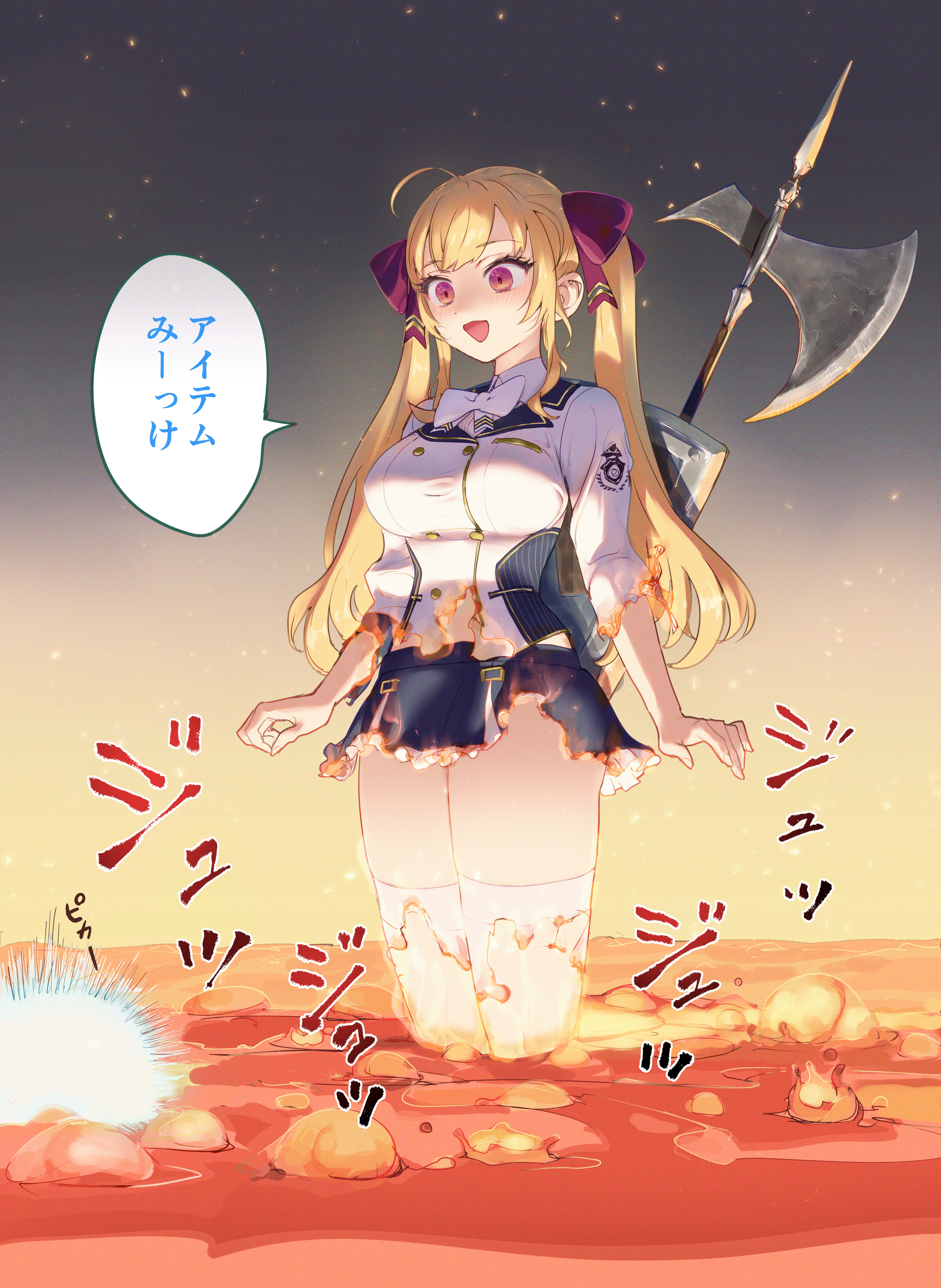 1girl absurdres ahoge belt blonde_hair breasts burning_clothes commentary_request dark_souls_(series) dark_souls_i glowing halberd highres large_breasts lava long_hair nijisanji paid_reward_available polearm purple_eyes shield shield_on_back takamiya_rion takamiya_rion_(1st_costume) thighhighs translated twintails virtual_youtuber wada_(zes16) weapon weapon_on_back white_belt white_thighhighs