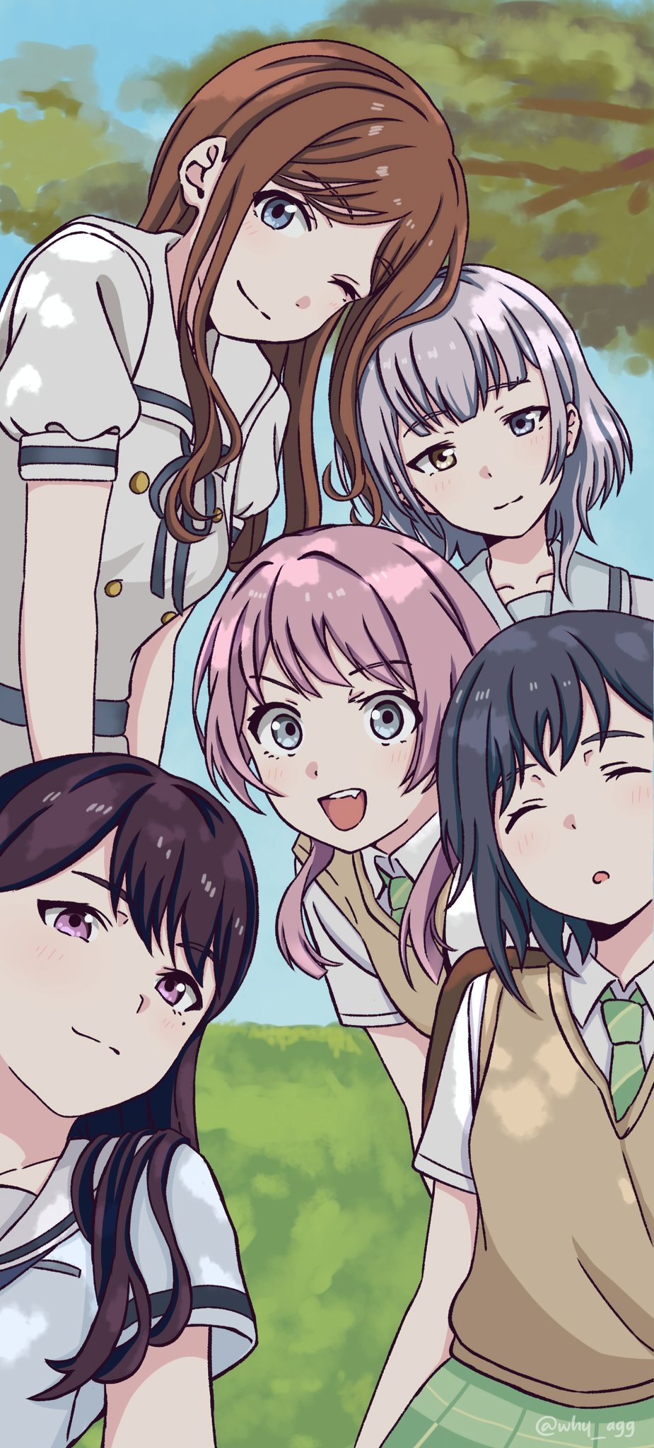 a_whydc bang_dream! bang_dream!_it&#039;s_mygo!!!!! blue_eyes blue_ribbon blue_shirt blush brown_hair brown_sweater_vest chihaya_anon closed_mouth collarbone collared_shirt commentary diagonal-striped_clothes diagonal-striped_necktie dress english_commentary fang girls_band_cry green_necktie green_skirt grey_eyes grey_hair hanasakigawa_school_uniform haneoka_school_uniform heterochromia highres kaname_raana long_hair looking_at_viewer mole mole_under_eye mygo!!!!!_(bang_dream!) nagasaki_soyo neck_ribbon necktie one_eye_closed open_mouth outdoors parted_bangs pink_hair plaid_clothes plaid_skirt puffy_short_sleeves puffy_sleeves purple_eyes ribbon sailor_collar sailor_dress school_uniform serafuku shiina_taki shirt short_hair short_sleeves sidelocks skirt striped_clothes sweater_vest takamatsu_tomori teeth tree tsukinomori_school_uniform twitter_username upper_teeth_only white_dress white_hair white_sailor_collar white_shirt yellow_eyes