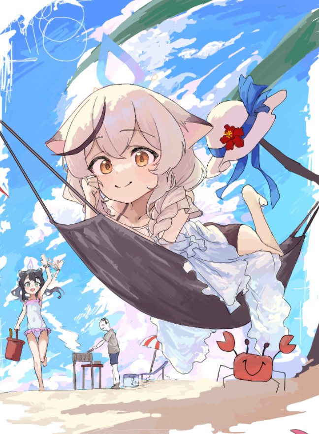 1boy 2girls animal_ears arm_up beach beach_umbrella black_hair blue_archive blue_sky braid bucket cloud commentary_request crab day doodle_sensei_(blue_archive) flower grey_hair grey_shirt grill halo hammock hat holding kokona_(blue_archive) long_hair multicolored_hair multiple_girls one-piece_swimsuit outdoors red_flower sensei_(blue_archive) shimeji_take shirt shorts shun_(blue_archive) shun_(small)_(blue_archive) sky smile standing streaked_hair swimsuit umbrella unworn_hat unworn_headwear