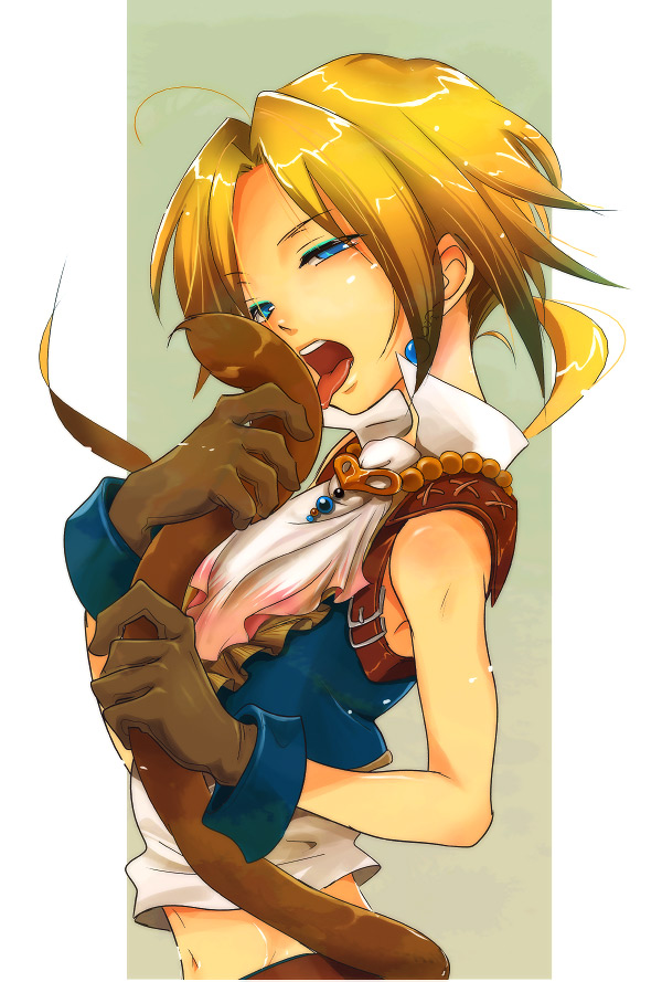 00s 1boy androgynous bad_id bad_pixiv_id blonde_hair blue_eyes bottomless earrings final_fantasy final_fantasy_ix gloves holding jewelry licking long_hair male_focus mochida mochida_(annie) open_mouth ponytail sexually_suggestive solo tail trap zidane_tribal