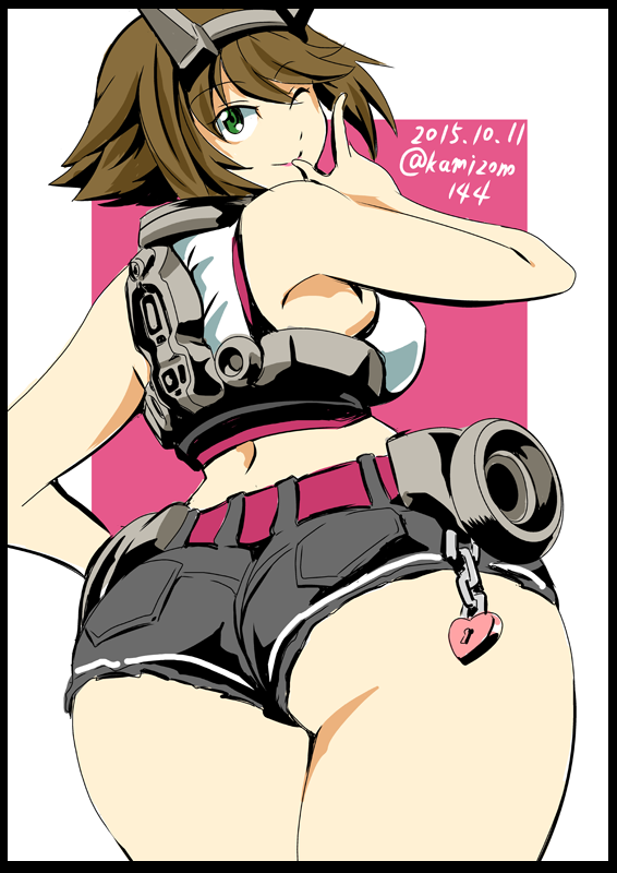 10s 1girl ass back bare_shoulders breasts brown_hair female_focus from_behind green_eyes hairband headband headgear heart heart_lock huge_ass kamizono_(spookyhouse) kantai_collection large_breasts legs looking_at_viewer looking_back machine machinery mecha midriff mutsu_(kancolle) panties parted_lips radio_antenna robot ship_turret short_hair short_shorts shorts sideboob smile smirk solo thighs twitter_username underwear upshorts