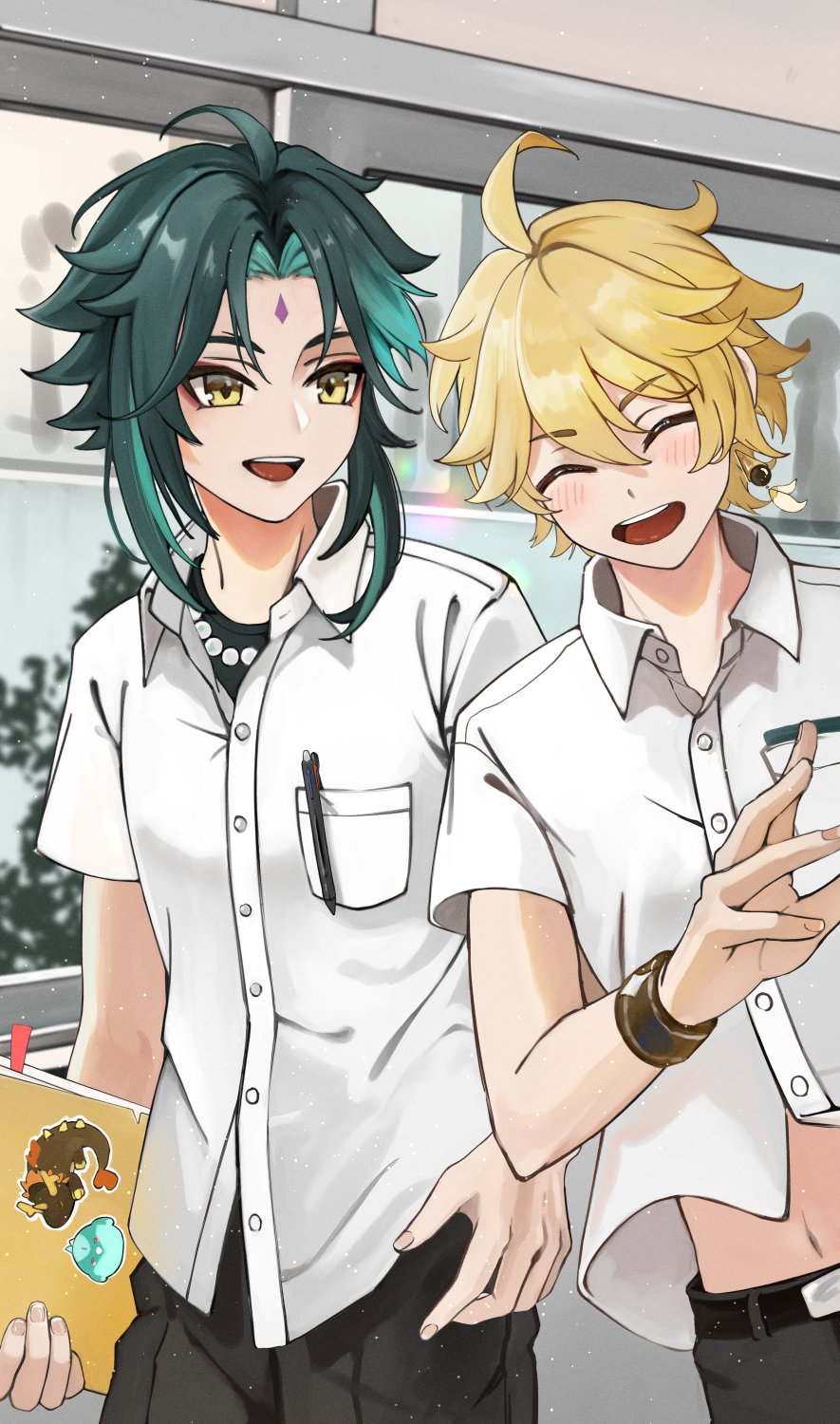 2boys :d aether_(genshin_impact) ahoge alternate_costume azhdaha_(genshin_impact) black_pants blonde_hair blush breast_pocket character_print closed_eyes collared_shirt commentary_request cowboy_shot dress_shirt earrings fingernails genshin_impact green_hair highres holding holding_notebook jewelry male_focus medium_hair midriff_peek multiple_boys navel notebook open_mouth pants pen pocket shiraiyu327 shirt short_hair_with_long_locks single_earring smile teeth upper_teeth_only white_shirt xiao_(genshin_impact) yellow_eyes