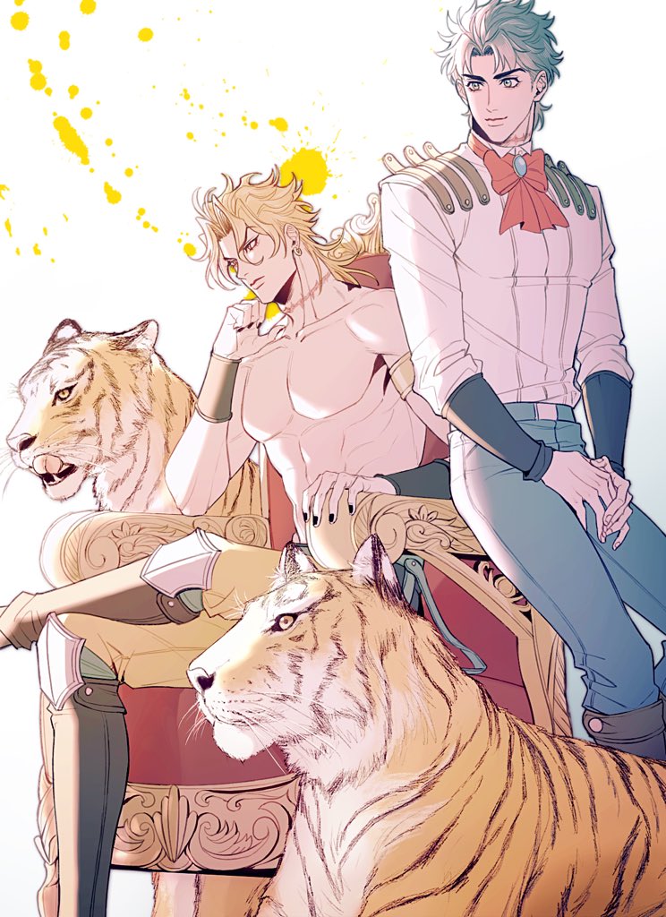 2boys abs animal birthmark black_nails blonde_hair blue_eyes blue_hair boots closed_mouth commentary_request dio_brando earrings hako_iix07 jewelry joestar_birthmark jojo_no_kimyou_na_bouken jonathan_joestar long_hair looking_to_the_side male_focus multiple_boys pants pectorals phantom_blood scar scar_on_neck short_hair sitting smile stardust_crusaders throne tiger topless_male yellow_pants