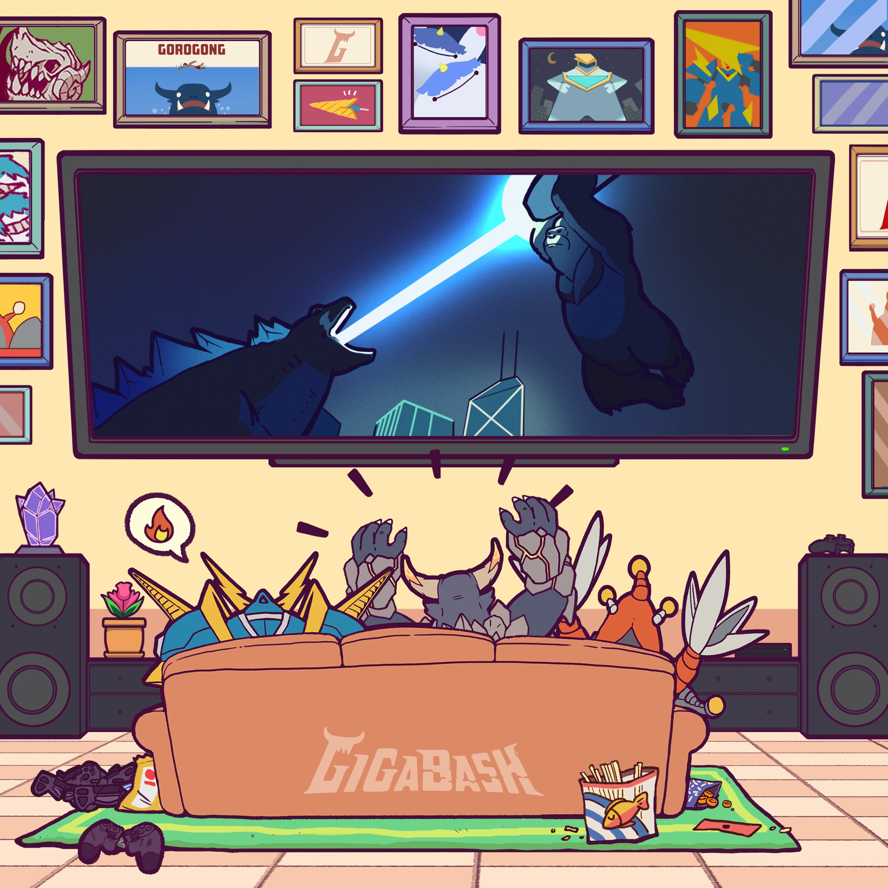 absurdres alien antennae ape artist_request atomic_breath axe bank_of_china_tower battle_axe bone bone_axe bone_weapon breath_weapon building burning_axe carpet chibi controller couch crossover crystal energy energy_beam english_text fire fire_elemental flaming_weapon flat_screen_tv flower food game_controller gigabash gigaman glowing glowing_axe glowing_veins glowing_weapon godzilla godzilla_(series) godzilla_vs._kong gorilla gorogong highres horns kaiju king_kong king_kong's_battle_axe king_kong_(series) lava legendary_pictures logo mecha monsterverse mouth_beam multiple_crossover neon_lights night no_humans official_art passion_republic_games pipijuras plasma plasma_beam rawa real_world_location robot seijin skorak skyscraper space_monster speaker spikes superhero_costume supervillain sword television thundatross toho tower tusks veins weapon woolley yellow_eyes