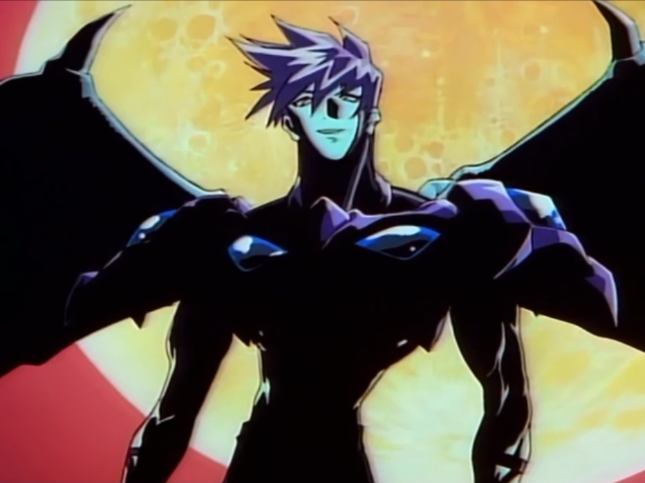 1990s_(style) armor bat_wings choujin_gakuen_gowcaizer full_moon hellstinger kash_gyustan moon oobari_masami red_sky retro_artstyle screencap shade shoulder_armor sky wings