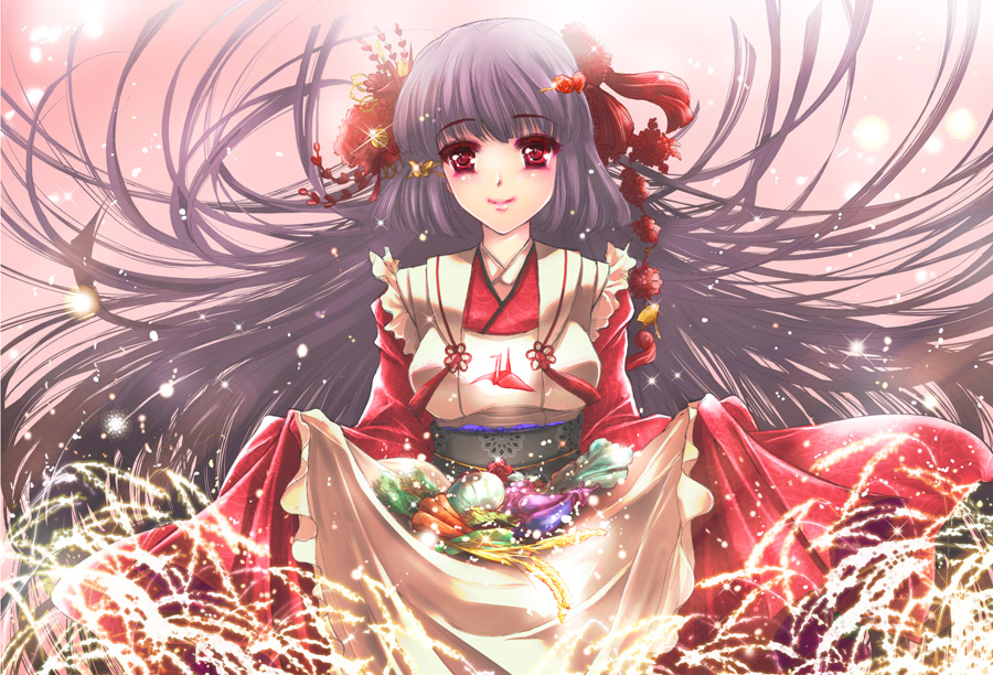 1girl apron blush breasts carrot eggplant female_focus flower glint gradient_background hair_flower hair_ornament harvest japanese_clothes light_particles long_hair looking_at_viewer origami original paper_crane pink_background purple_hair red_eyes riria skirt_basket smile solo sparkle wheat