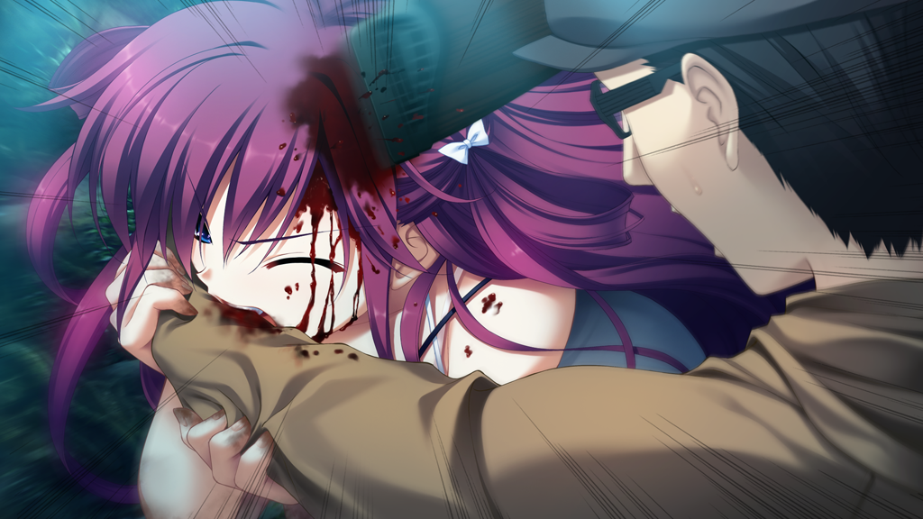 1boy 1girl attack bare_shoulders biting biting_another&#039;s_arm black-framed_eyewear black_hair black_hat black_pants bleeding blood blood_from_forehead blood_in_hair blood_on_clothes blood_on_face blue_eyes bow brown_jacket camisole dirty_hands fumio_(ura_fmo) game_cg glasses grisaia_(series) grisaia_no_kajitsu gun hair_bow hair_intakes half_updo hat holding holding_another&#039;s_arm holding_gun holding_weapon hood hood_down hooded_jacket jacket long_hair long_sleeves motion_lines non-web_source nose one_eye_closed open_mouth outdoors pants red_hair sakashita_keiji short_hair speed_lines spoilers suou_amane variant_set weapon white_bow white_camisole