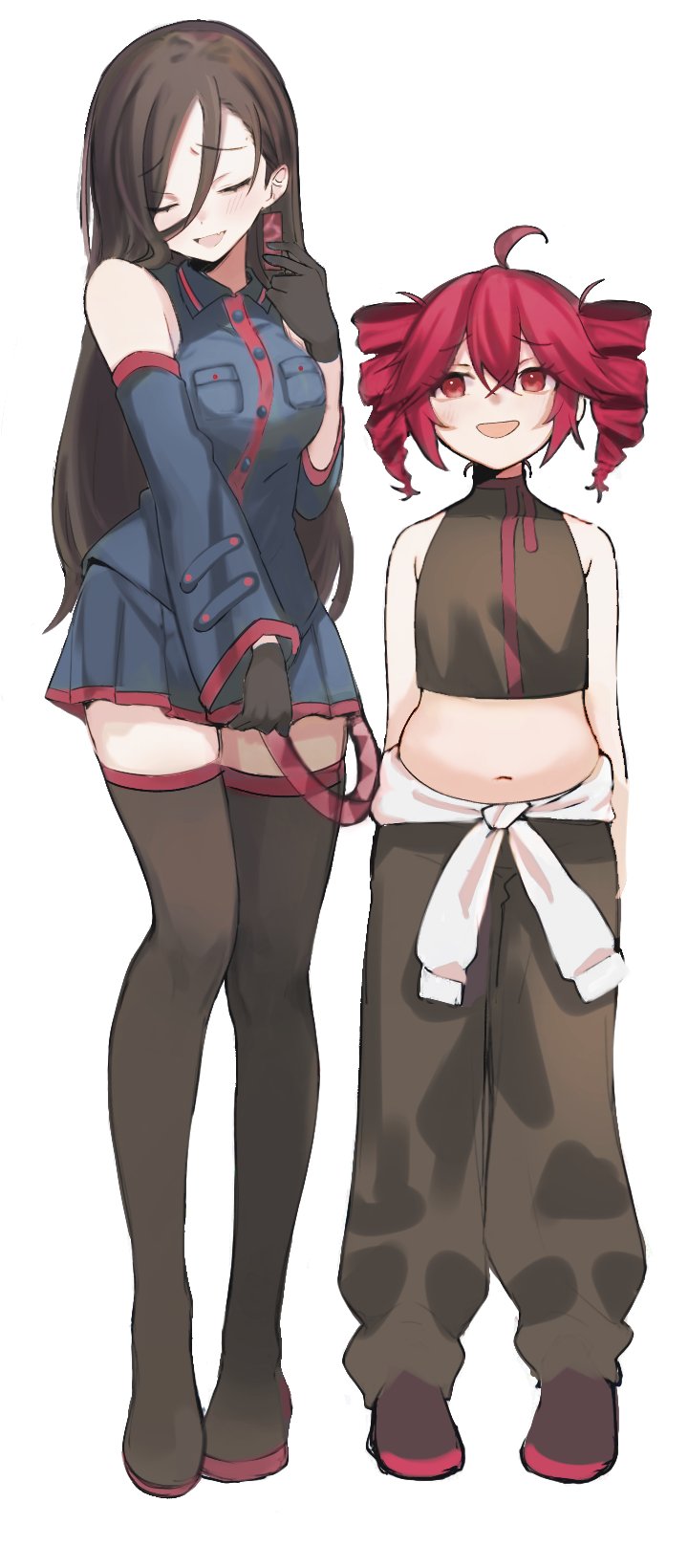 2girls ahoge bare_shoulders belt black_boots black_gloves black_hair black_pants black_shirt black_skirt boots breasts butcher_vanity_(synthesizer_v) buttons closed_eyes clothes_around_waist collared_shirt commentary cosplay costume_switch crop_top detached_sleeves drill_hair earrings english_commentary full_body gloves hair_between_eyes height_difference highres jacket jacket_around_waist jewelry kasane_teto large_breasts looking_at_another multiple_girls navel open_mouth pants pleated_skirt plump pocket red_belt red_eyes red_hair red_shoes red_trim shirt shoes simple_background skirt smile synthesizer_v tsui55 twin_drills unfinished utau vimalion_pro white_background white_jacket yi_xi_(synthesizer_v)