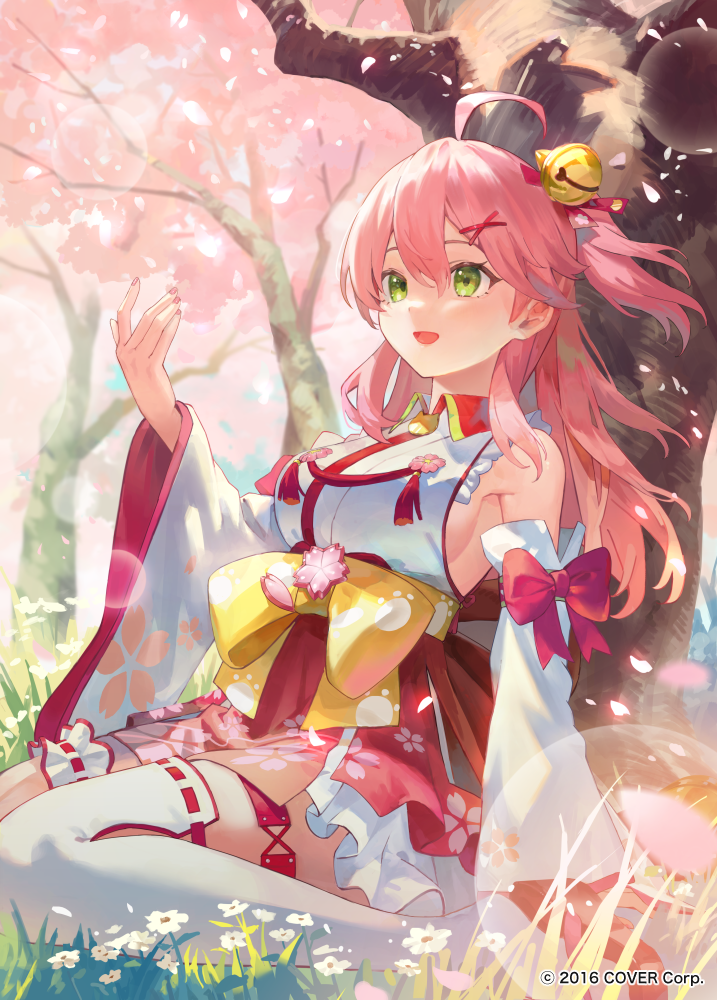 1girl :d ahoge bell cherry_blossoms commentary_request copyright_notice day detached_sleeves double-parted_bangs falling_petals frilled_kimono frilled_thigh_strap frills geta grass green_eyes hair_bell hair_between_eyes hair_ornament hairclip hakama hakama_short_skirt hakama_skirt hand_up hololive japanese_clothes jingle_bell kimono kobuta long_hair nontraditional_miko official_art one_side_up open_mouth outdoors petals pink_hair red_skirt sakura_miko sakura_miko_(1st_costume) sideless_kimono single_thighhigh sitting skirt sleeveless sleeveless_kimono smile solo tabi thigh_strap thighhighs virtual_youtuber white_sleeves white_thighhighs wide_sleeves x_hair_ornament