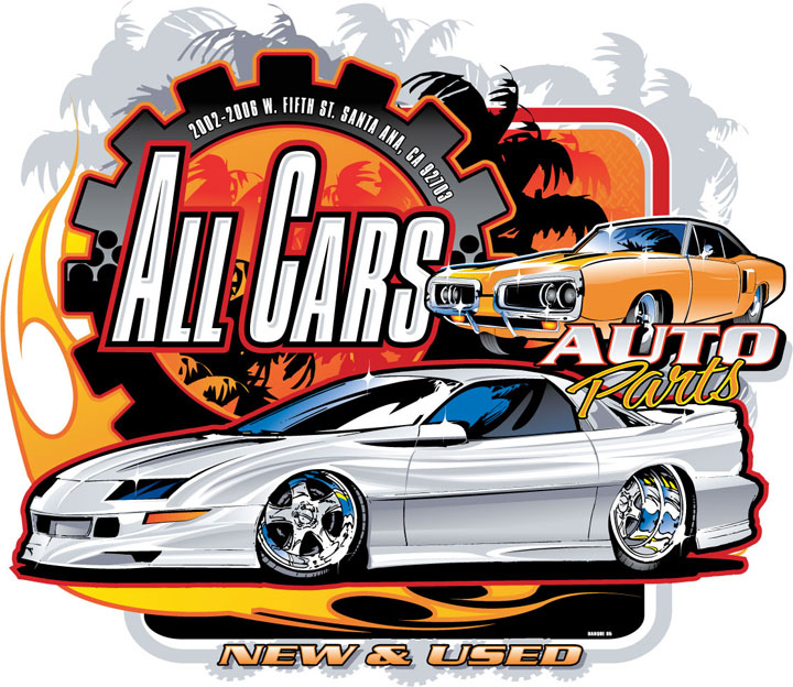adobe_illustrator_(medium) car chevrolet chevrolet_camaro commentary english_commentary glint michael_darque motor_vehicle muscle_car no_humans orange_car original palm_tree pontiac pontiac_gto shadow sports_car tree vehicle_focus white_car