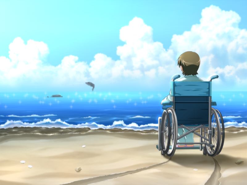 1girl beach edelweiss game_cg hinata_mizuki katakura_shinji short_hair wheelchair
