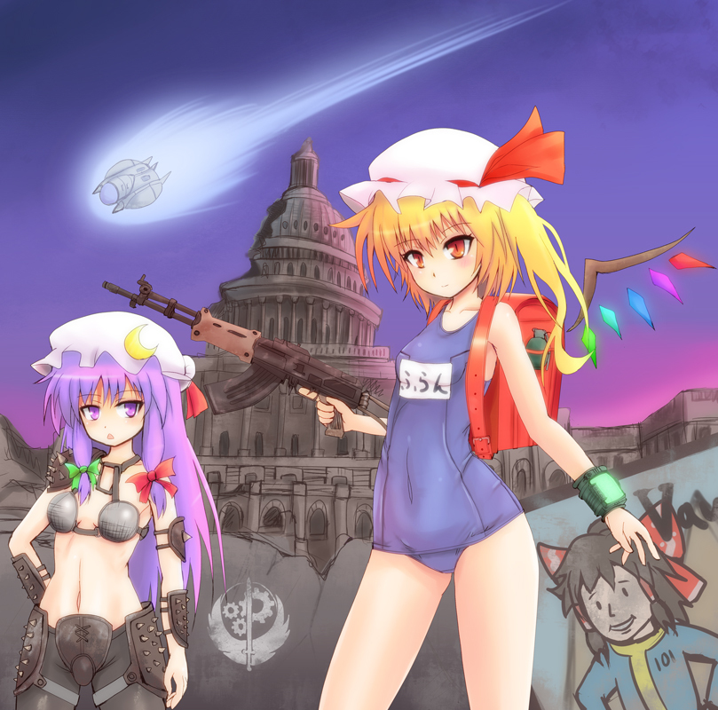 2girls armor assault_rifle backpack bad_id bad_pixiv_id bag blonde_hair blue_one-piece_swimsuit bow chinese_assault_rifle crescent crescent_moon fallout fallout_3 female_focus flandre_scarlet gem gun hair_bow hakurei_reimu hat long_hair moon multiple_girls name_tag one-piece_swimsuit parody patchouli_knowledge purple_eyes purple_hair randoseru red_eyes rifle school_swimsuit short_hair side_ponytail spikes sumapan swimsuit touhou trigger_discipline ufo vault_boy weapon wings