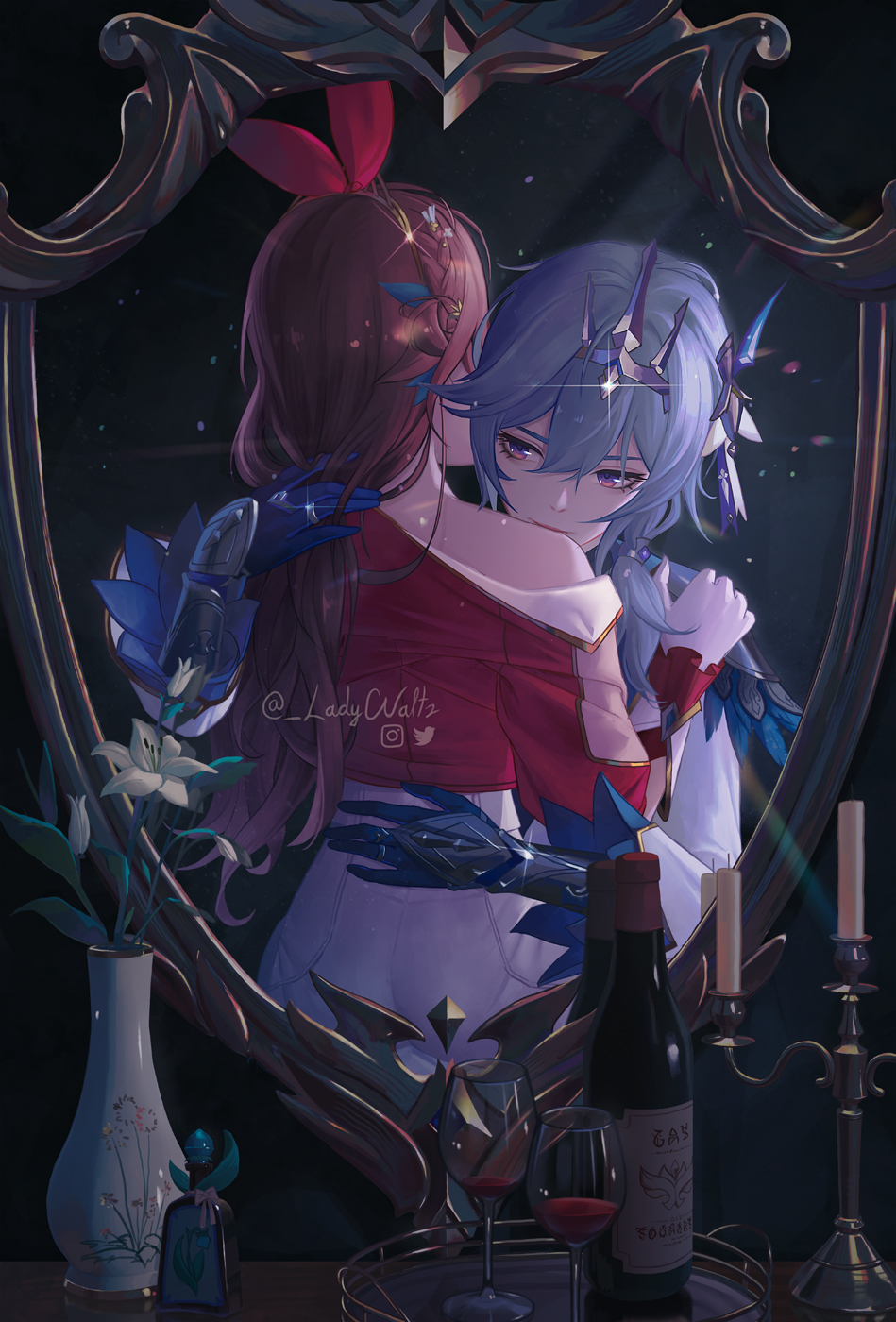 2girls alcohol alternate_costume amber_(genshin_impact) black_gloves blue_hair brown_hair cup dark drinking_glass eula_(genshin_impact) genshin_impact gloves hair_between_eyes hair_ornament hand_on_another&#039;s_head highres ladywaltz looking_at_viewer mirror multiple_girls reflection wine wine_glass