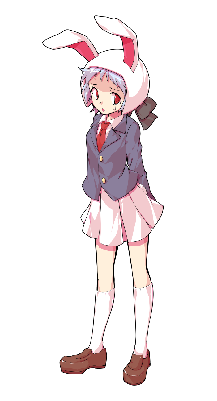 1girl :o animal_ears arms_behind_back black_jacket brown_shoes collared_shirt commentary_request dairi ears_through_hood full_body furrowed_brow grey_hair highres hood hood_up jacket kneehighs loafers long_sleeves looking_at_viewer moon_rabbit_extra_(touhou) necktie open_mouth pleated_skirt rabbit_ears red_eyes red_necktie shirt shoes short_hair skirt socks solo standing sweatdrop tachi-e touhou transparent_background white_shirt white_skirt white_socks