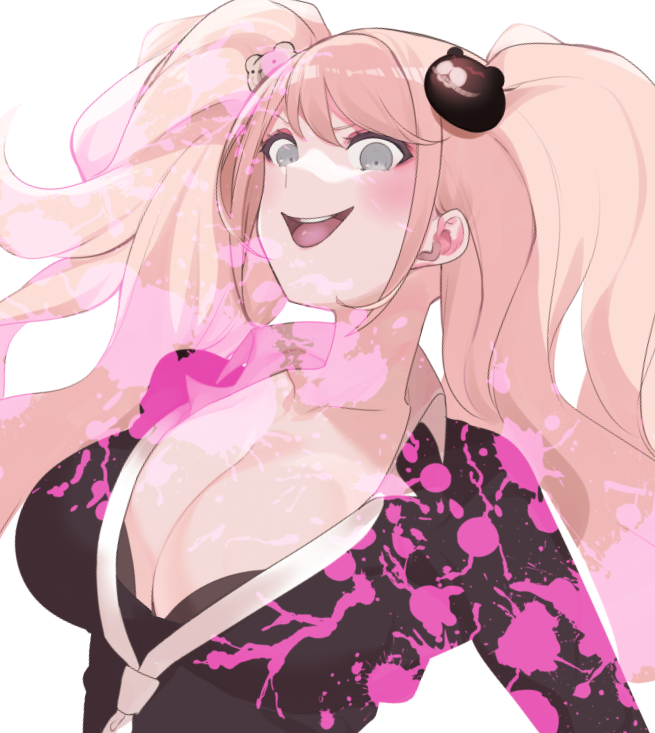 1girl blonde_hair blood blood_splatter breasts cleavage collarbone collared_shirt danganronpa:_trigger_happy_havoc danganronpa_(series) enoshima_junko grey_eyes hair_ornament large_breasts looking_at_viewer looking_down open_mouth pink_blood shikosour shirt simple_background smirk solo twintails upper_body white_background
