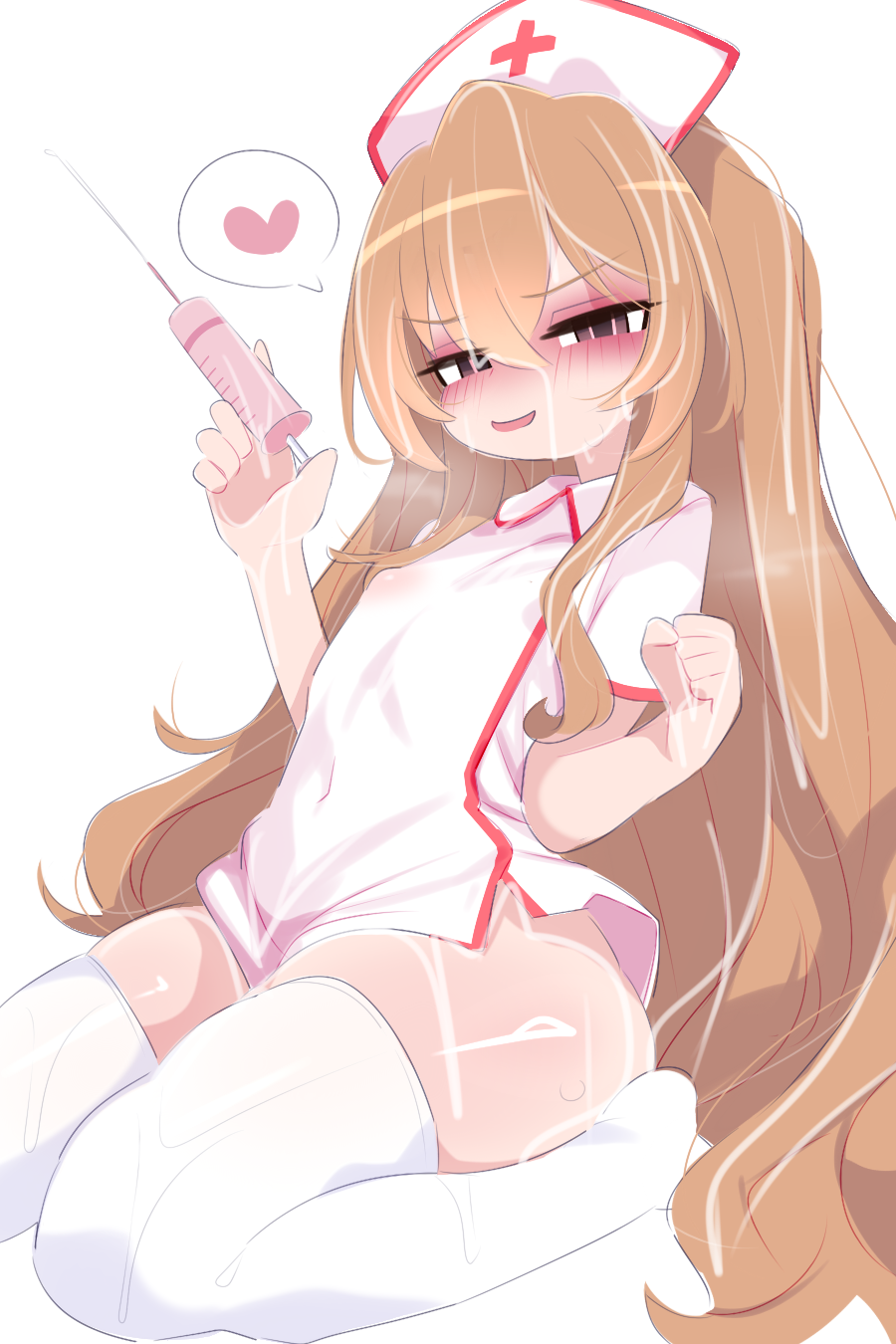 1girl aisaka_taiga blush brown_hair covered_navel cum cum_on_body cum_on_hair cum_on_legs facial hat heart highres holding holding_syringe kneehighs kukuchi581 loli long_hair nurse nurse_cap open_mouth pear-shaped_figure socks solo syringe thick_thighs thighhighs thighs tongue tongue_out toradora! very_long_hair white_background white_thighhighs