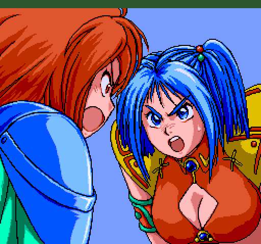 2girls angry anita_(basted) argue armor basted blue_hair breasts cleavage game gems multiple_girls pc_engine pixel_art raiza_(basted) red_hair