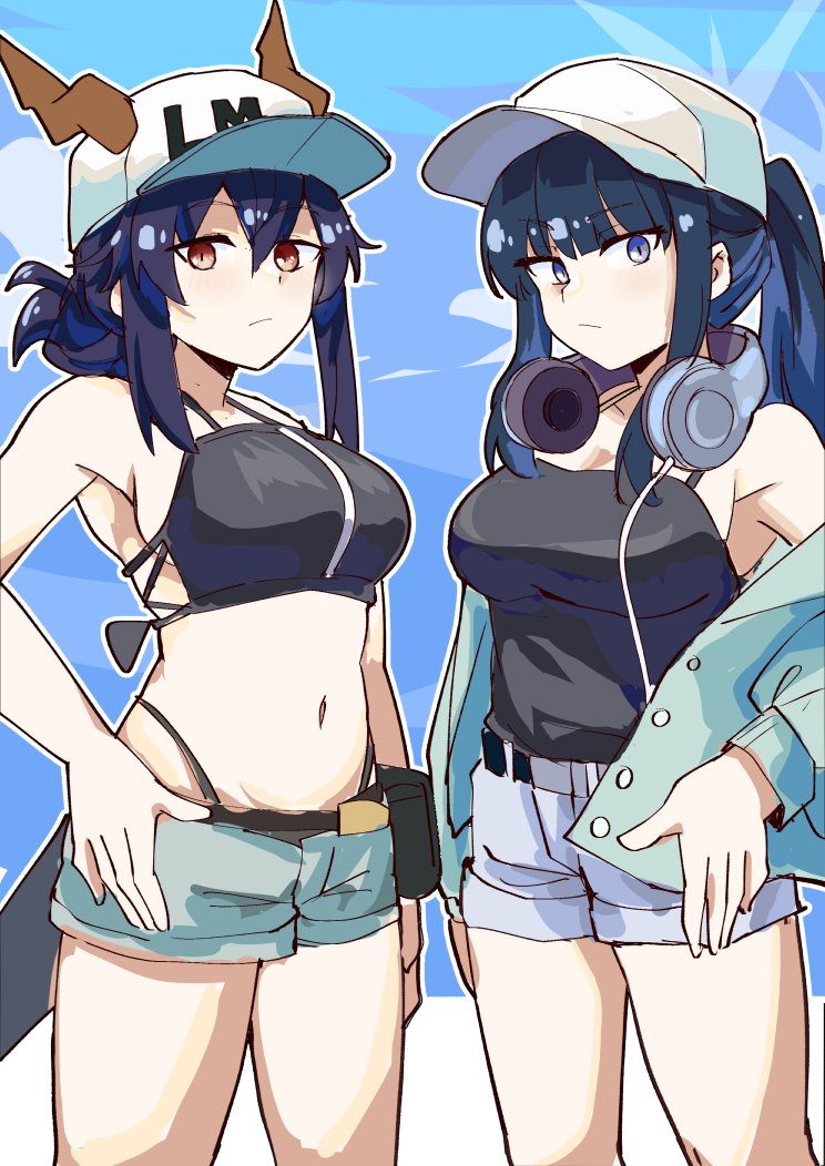 2girls aqua_jacket arknights bare_shoulders baseball_cap bikini black_bikini blue_archive blue_hair blue_sky ch&#039;en_(arknights) cowboy_shot day dragon_horns female_tourist_c_(arknights) hat headphones headphones_around_neck horns horns_through_headwear ishigami_shizuka jacket long_hair long_sleeves looking_at_viewer multiple_girls navel off_shoulder open_clothes open_jacket orange_eyes ponytail saori_(blue_archive) saori_(swimsuit)_(blue_archive) short_shorts shorts sky sleepyowl_(jobkung15) standing stomach swimsuit thighs voice_actor_connection white_hat