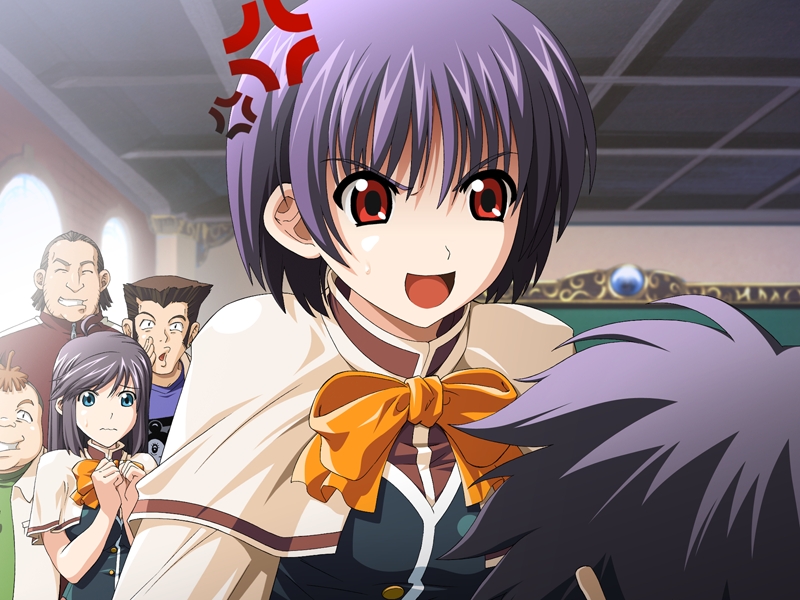2girls 4boys anger_vein daigo edelweiss edelweiss_eiden_fantasia fujisaki_rin game_cg jin-nai_toshiaki multiple_boys multiple_girls panchu purple_hair red_eyes school_uniform takase_sakura