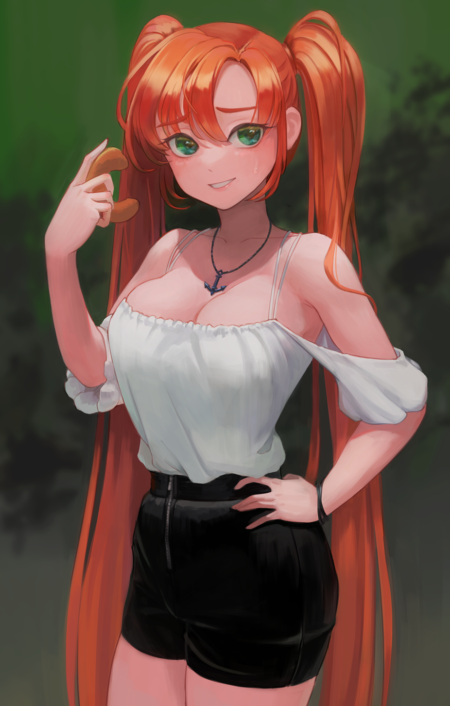 1girl :d anchor_necklace bare_shoulders black_shorts blush bracelet breasts cleavage collarbone cowboy_shot donut food green_eyes hand_on_own_hip high-waist_shorts highres holding holding_food hungr_(nyanom) jewelry large_breasts last_origin long_hair looking_at_viewer necklace nereid_(last_origin) off-shoulder_shirt off_shoulder open_mouth parted_lips red_hair shirt short_sleeves shorts smile solo sweatdrop twintails very_long_hair white_shirt