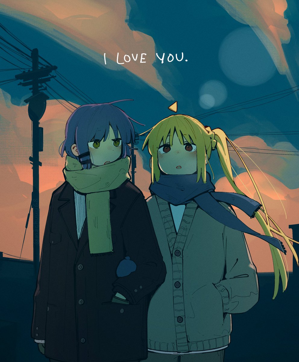 2girls ahoge black_jacket blonde_hair blue_hair blue_scarf blush bocchi_the_rock! brown_cardigan brown_eyes cardigan cloud color_coordination commentary couple detached_ahoge english_commentary hand_in_pocket highres holding_another&#039;s_arm ijichi_nijika jacket long_hair long_sleeves machuuu68 mittens multiple_girls open_mouth power_lines scarf shirt short_hair side_ponytail utility_pole white_shirt winter_clothes yamada_ryo yellow_eyes yellow_scarf yuri