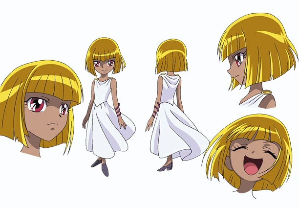 10s 1girl aged_down blonde_hair bob_cut reference_sheet child dark-skinned_female dark_skin dress female_focus looking_at_viewer multiple_views official_art pallas red_eyes saint_seiya saint_seiya_omega smile standing toei_animation white_background white_dress