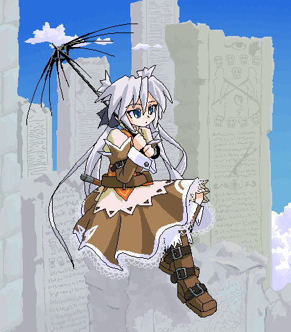 1girl belt blue_eyes boots bow dress female_focus full_body hair_bow long_hair lowres mof mof&#039;s_silver_haired_twintailed_girl oekaki original outdoors ruins silver_hair sky solo twintails umbrella very_long_hair
