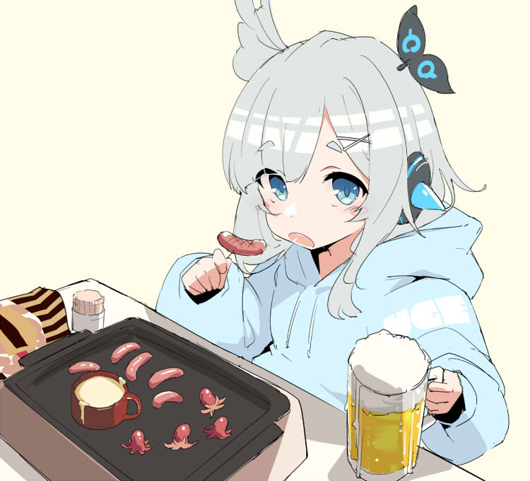 1girl alcohol and_uge beer beer_mug blue_eyes blue_hoodie blush commentary_request cooking cup eating flat_chest food food_art grey_hair griddle hair_ornament hairpods holding holding_food hood hood_down hoodie long_hair long_sleeves looking_at_viewer mug nanashi_inc. open_mouth plate sausage sidelocks simple_background solo table tako-san_wiener terazip toothpick toothpick_holder upper_body virtual_youtuber white_background winding_key x_hair_ornament
