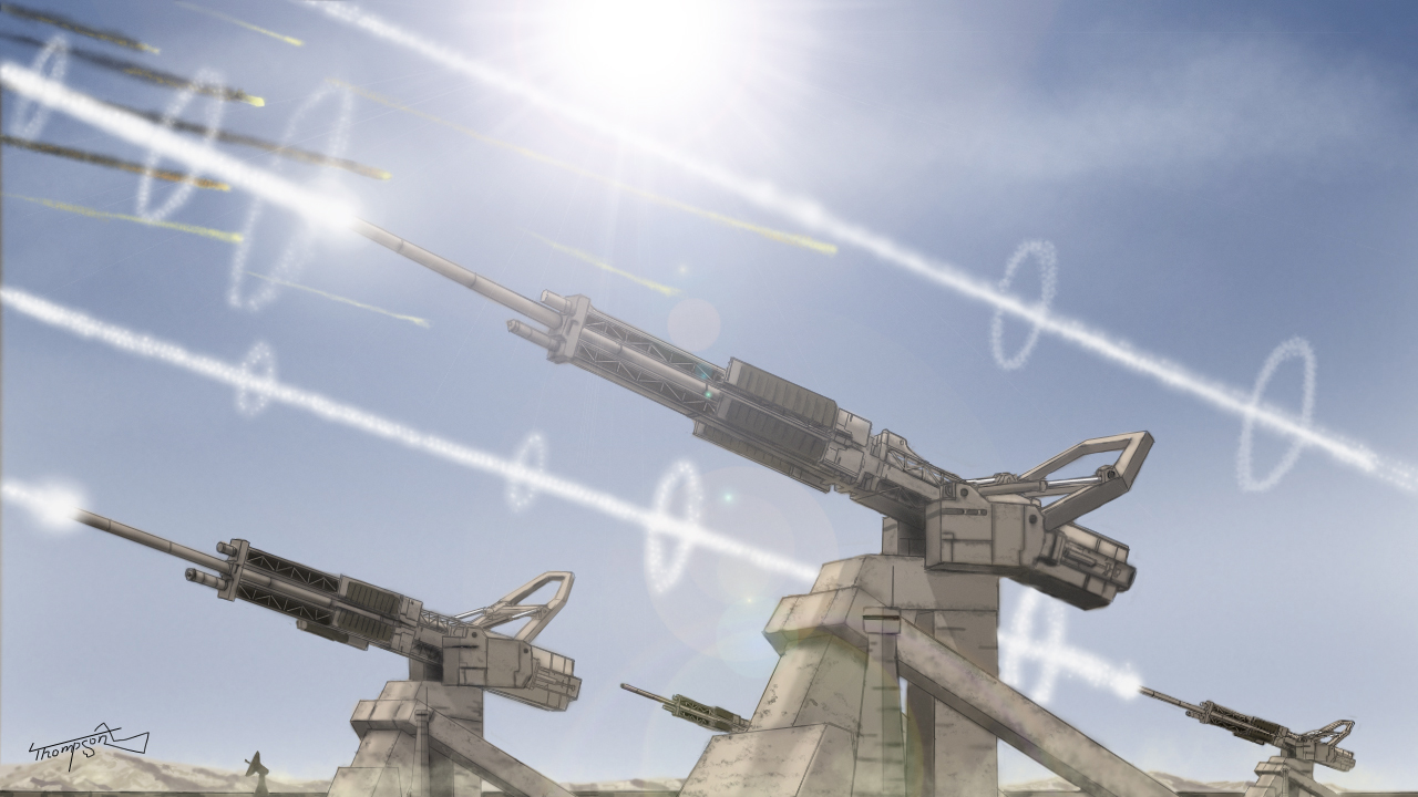 ace_combat ace_combat_04 artist_name building cannon contrail day firing in-universe_location lens_flare magnetic_weapon meteor no_humans radar railgun signature sky smoke stonehenge_(ace_combat) sun thompson_(solowingfh)