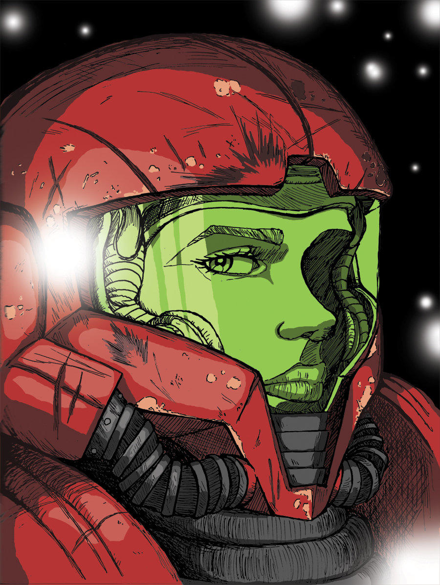 1girl armor claw_mark commentary damaged dirty english_commentary glowing green_visor hose juan_gimenez_(style) lips looking_at_viewer machinery mecha metroid nintendo original parody power_armor power_suit_(metroid) robot samanator_club samus_aran science_fiction sketch style_parody the_fourth_power tribute varia_suit video_game