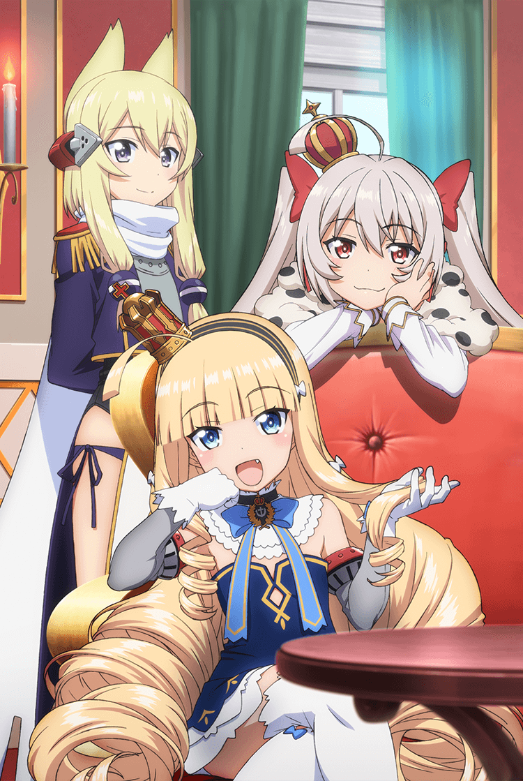 3girls ahoge animal_ears artist_request azur_lane azur_lane:_queen&#039;s_orders crossed_legs crown dog_ears dog_girl dress hairband indoors key_visual long_hair looking_at_viewer multiple_girls official_art promotional_art queen_elizabeth_(azur_lane) table thighhighs valiant_(azur_lane) warspite_(azur_lane)