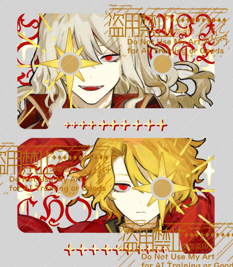 1boy 1girl blonde_hair cape closed_mouth don_quixote_(project_moon) jacket la_manchaland&#039;s_don_quixote_(project_moon) limbus_company long_hair looking_at_viewer nishikujic open_mouth parted_bangs project_moon red_cape red_eyes sancho_(project_moon) short_hair sidelocks smile upper_body white_jacket
