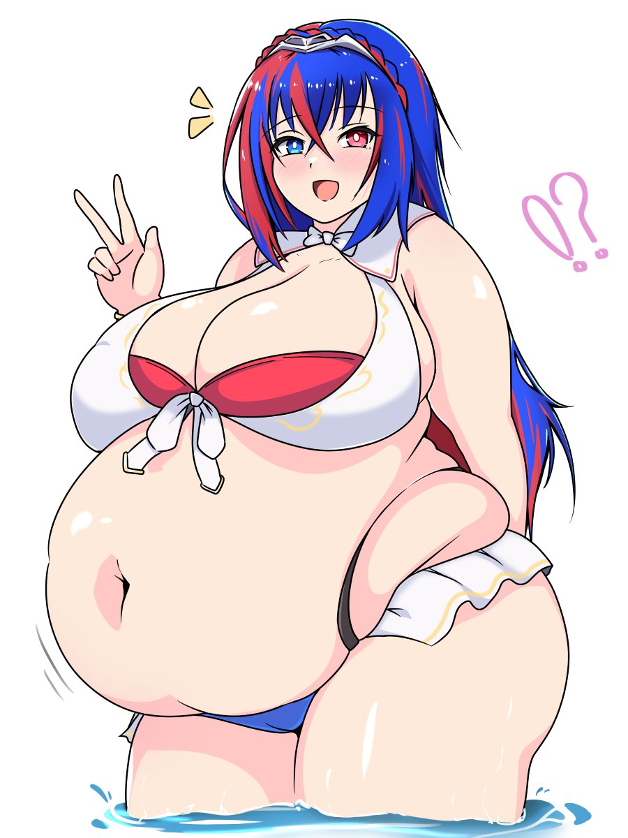 !? 1girl belly big_belly bikini blue_eyes blue_hair blush bow bowtie bracelet braid breasts cameltoe cleavage crossed_bangs crown crown_braid fat fat_woman female_alear_(fire_emblem) fire_emblem fire_emblem_engage frilled_bikini frills front-tie_top hair_between_eyes heterochromia highres huge_breasts in_water jewelry large_breasts layered_bikini long_hair muffin_top multicolored_hair navel nintendo obese open_mouth red_eyes red_hair skindentation smile solo standing swimsuit two-tone_hair usagirin v w whale_tail_(clothing) white_background