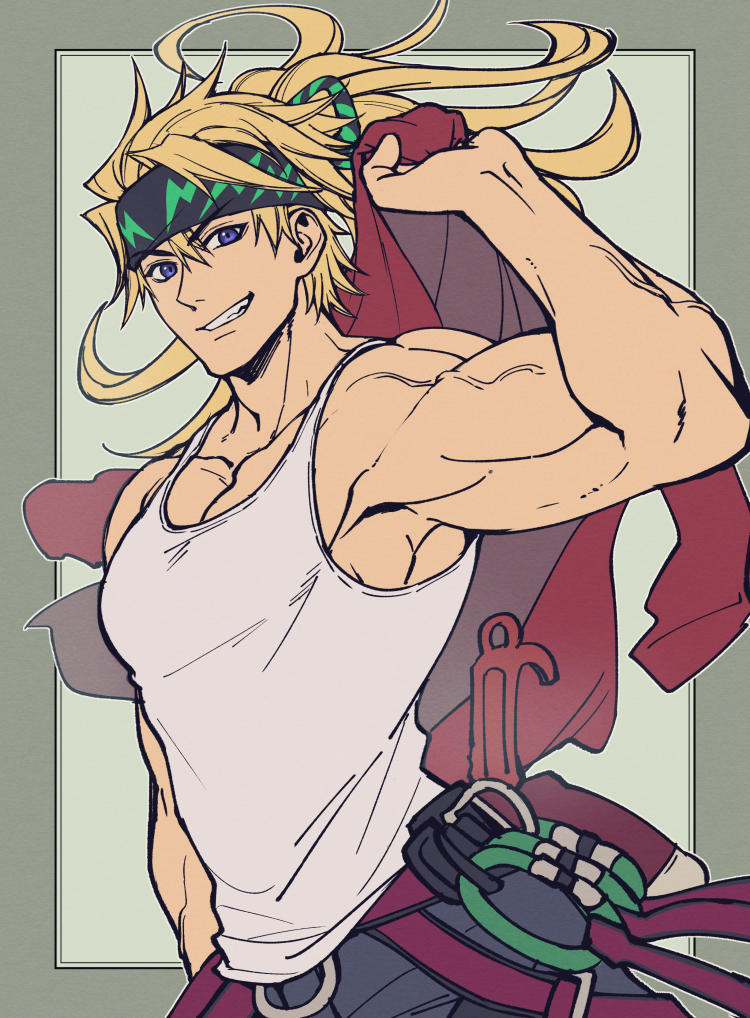 1boy bare_arms black_headband blonde_hair blue_eyes border fate/grand_order fate_(series) green_background grin headband holding holding_jacket holding_unworn_clothes jacket looking_at_viewer male_focus muscular muscular_male official_alternate_costume official_alternate_hairstyle pectorals ponytail sakata_kintoki_(exhibition_attire)_(fate) sakata_kintoki_(fate) sakata_kintoki_(heian_warrior_attire)_(fate) sidepec simple_background smile solo tank_top unworn_jacket veins veiny_arms white_tank_top zanshi