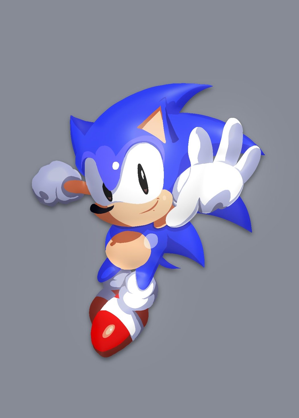 1boy animal_ears black_eyes blue_fur clenched_hand gloves hedgehog highres leaning_forward machinster open_hand pointy_ears reaching reaching_towards_viewer red_shoes shoes simple_background smile snout solo solo_focus sonic_(series) sonic_the_hedgehog sonic_the_hedgehog_(classic) spiked_hair tail white_gloves
