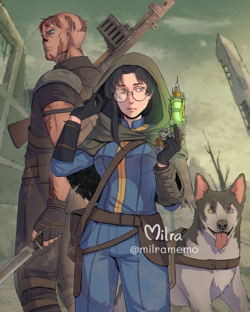 1boy 1girl animal black_gloves black_hair black_pants black_shirt blue_eyes blue_jumpsuit blue_sky breasts brown_capelet brown_hair capelet charon_(fallout_3) cloud combat_shotgun commentary damaged day dog dogmeat english_commentary fallout fallout_3 ghoul_(fallout) gloves grey_eyes gun heterochromia holding holding_gun holding_knife holding_weapon hood hood_up hooded_capelet jumpsuit knife lone_wanderer long_sleeves medium_breasts milramemo outdoors pants parted_bangs pip_boy plasma_pistol round_eyewear ruins shirt short_sleeves shotgun signature sky twitter_username vault_suit washington_monument weapon yellow_eyes