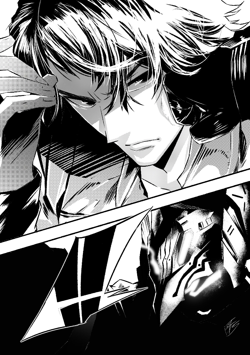 ! !! 1boy 1other adjusting_hair character_request clenched_hand collarbone commentary_request greyscale hand_on_another&#039;s_cheek hand_on_another&#039;s_face kamen_rider kamen_rider_gavv_(series) kouta_decade lakia_amarga looking_at_another looking_to_the_side monochrome partially_shaded_face scene_reference screentones serious short_hair signature speech_bubble spoken_exclamation_mark tokusatsu