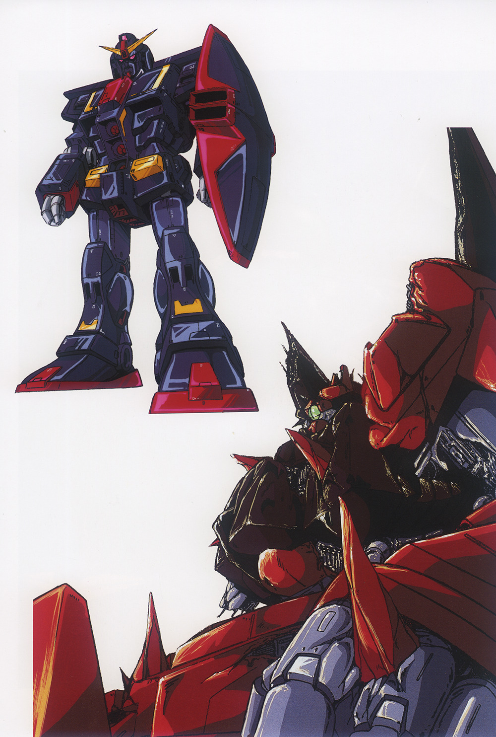 1980s_(style) beam_cannon damaged destruction gundam highres impaled key_visual machinery mecha mecha_focus metal mobile_suit muzzle official_art oldschool one-eyed production_art promotional_art psyco_gundam retro_artstyle rick_dias robot rock scan science_fiction shield spoilers titans_(gundam) uchida_yorihisa v-fin wreckage zeta_gundam