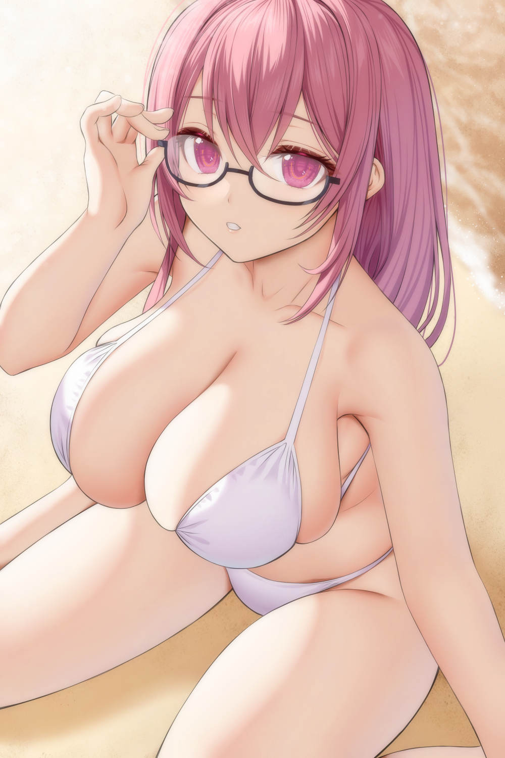 1girl asamura_hiori bare_shoulders beach bikini blush breasts cleavage collarbone from_above glasses highres large_breasts long_hair looking_at_viewer pink_hair purple_eyes revision shore sidelocks sitting solo swimsuit thighs tsukishiro_yanagi wariza white_bikini zenless_zone_zero