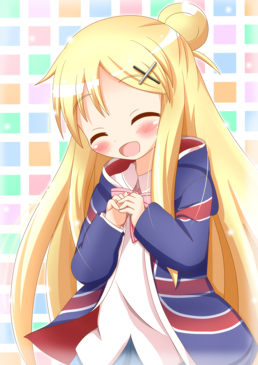 1girl blush closed_eyes dot_nose feet_out_of_frame female_focus hair_ornament hairclip highres kin-iro_mosaic kujou_karen long_hair long_sleeves open_mouth solo standing xenon_(for_achieve)
