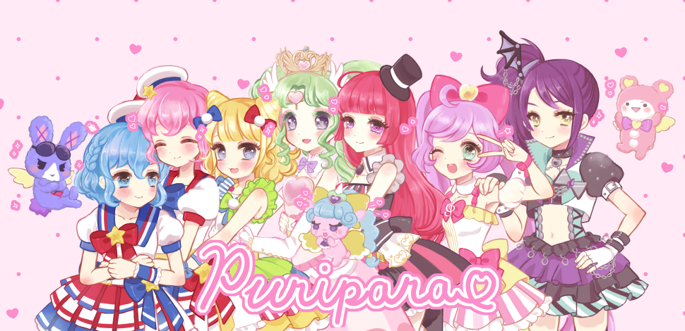 1boy 6+girls ;d bad_id bad_pixiv_id blonde_hair blue_bow blue_eyes blue_hair blush bow braid brother_and_sister character_name choker closed_eyes cone_hair_bun creature crossdressing dorothy_west falulu falulu_(awakened) green_eyes green_hair grey_eyes hair_bow hair_bun hat heart heart_background hojo_sophy kuma_(pripara) long_hair manaka_laala minami_mirei multiple_girls one_eye_closed open_mouth pink_hair pretty_series pripara purple_eyes purple_hair red_bow red_hair reona_west short_hair siblings side_ponytail simple_background skirt smile tiara toudou_shion trap treble_clef twins unicorn_(pripara) upper_body usagi_(pripara) v wrist_cuffs yayoi_(frp-y) yellow_eyes