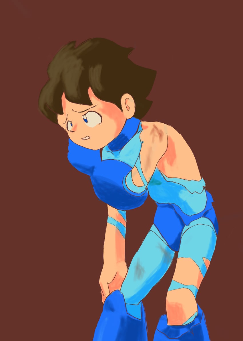 1boy capcom child destroyed_clothing flyingobj mega_man_(character) mega_man_(classic) mega_man_(series) robot robot_boy solo torn_clothes