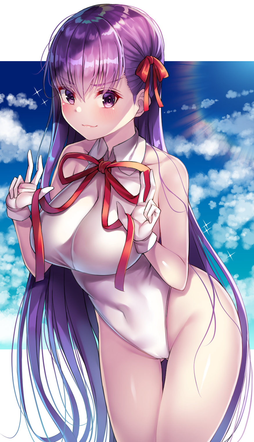 1girl bare_shoulders bb_(fate) bb_(fate/extra) bb_(swimsuit_mooncancer)_(fate) bb_(swimsuit_mooncancer)_(third_ascension)_(fate) blush breast_hold breasts closed_mouth cloud covered_navel fate/extra fate/extra_ccc fate/grand_order fate_(series) female_focus gloves hair_ribbon highleg highleg_leotard highres hip_focus large_breasts leotard long_hair looking_at_viewer nano_(syoutamho) neck_ribbon purple_eyes purple_hair red_ribbon ribbon sky smile solo sun_light thighs very_long_hair white_gloves white_leotard