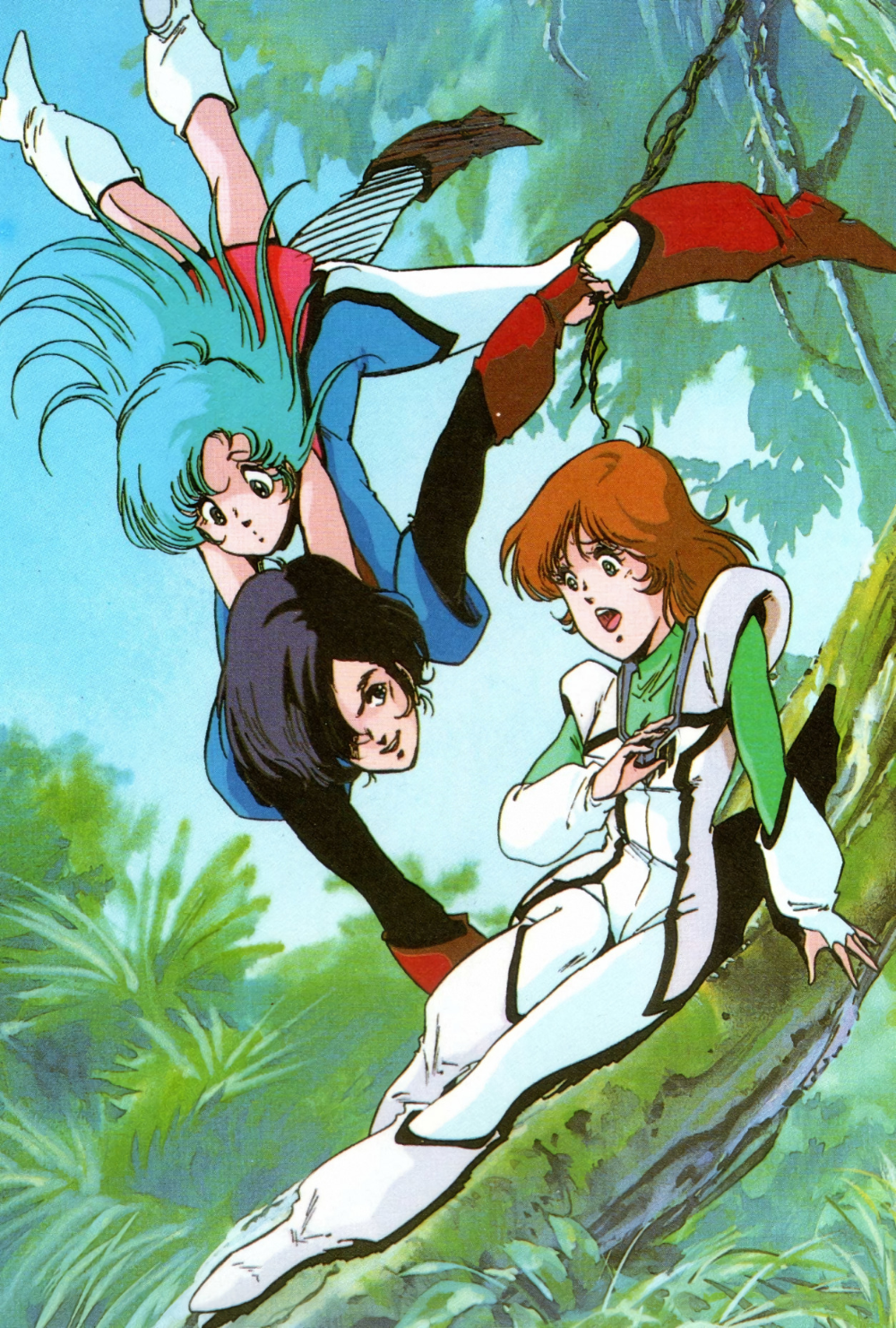 1980s_(style) 1boy 2girls android black_hair bodysuit boots brown_hair child choujikuu_seiki_orguss dress emaan falling fingerless_gloves forest gloves highres holding jumping jungle katsuragi_kei lying mikimoto_haruhiko mimsy_raas mome_(orguss) mullet multiple_girls nature official_art official_style oldschool orguss pilot_suit production_art promotional_art retro_artstyle riding scan scared science_fiction skirt source_request traditional_media tree tree_stump uniform