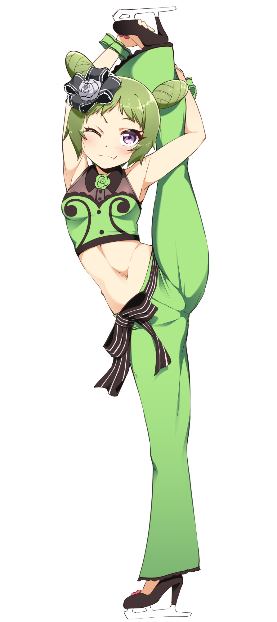1girl ;) arms_up bare_shoulders black_bow black_shoes blush bow breasts closed_mouth collared_shirt crop_top double_bun dress_shirt fang fang_out flower full_body green_bow green_hair green_pants grey_flower grey_rose hair_bun hair_flower hair_ornament high_heels highres ice_skates leg_up morizono_wakana navel nekono_matatabi one_eye_closed pants pretty_rhythm pretty_rhythm_rainbow_live pretty_series purple_eyes rose shirt shoes simple_background skates sleeveless sleeveless_shirt small_breasts smile solo split standing standing_on_one_leg standing_split striped_bow white_background wrist_bow