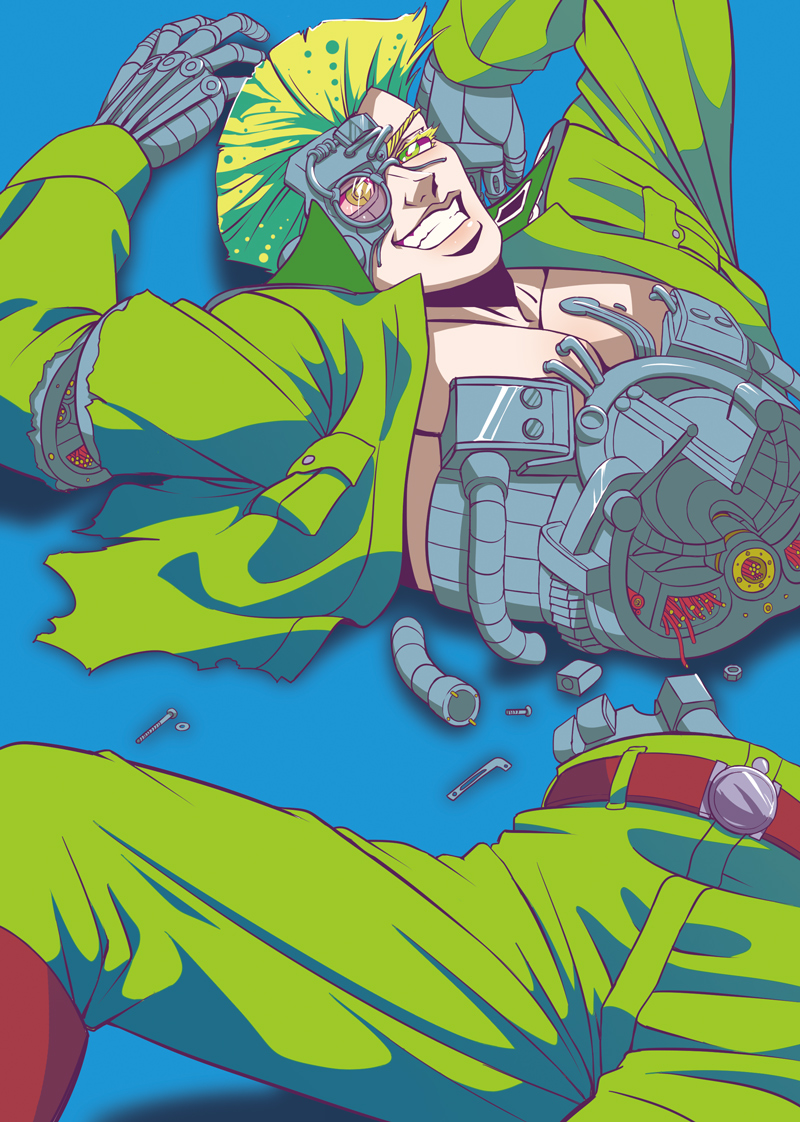 1boy bisected blonde_hair cyborg flattop green_eyes grin jojo_no_kimyou_na_bouken lying maddy male_focus nut_(hardware) on_back rudolph_von_stroheim screw shadow smile solo torn_clothes wire