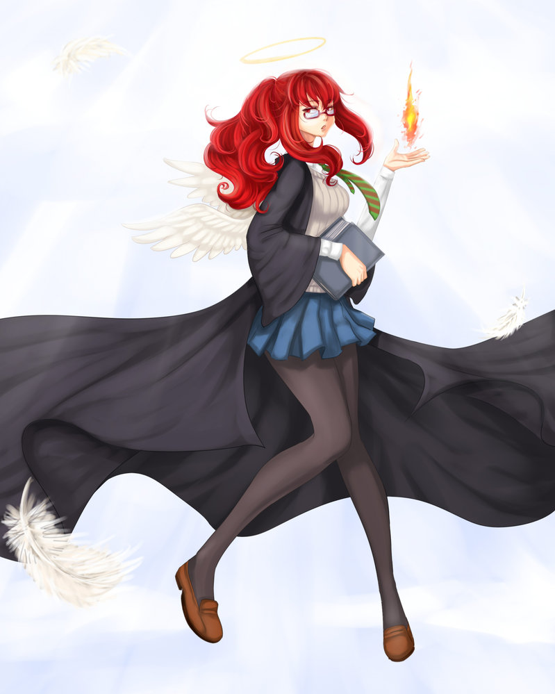 1girl ange_(angeban93) book cloud feathered_wings fire glasses jing_li long_coat long_hair mon-musu_quest! pale_skin promestein red_eyes red_hair skirt thighhighs wings