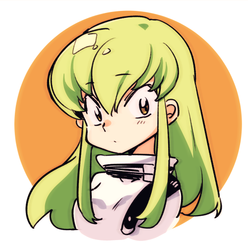 1990s_(style) 1girl blue_hair brown_eyes c.c. code_geass commentary_request creayus cropped_torso long_hair lowres orange_background retro_artstyle sanpaku solo turtleneck two-tone_background upper_body white_background
