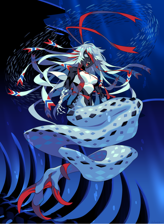 1girl black_skin blue_background blue_eyes blue_hair claws colored_skin commentary_request crop_top edarow fins full_body gills hair_over_one_eye head_fins long_hair looking_at_viewer mermaid monster_girl original school_of_fish sharp_teeth shirt skeletal_arm solo teeth underwater very_long_hair white_shirt